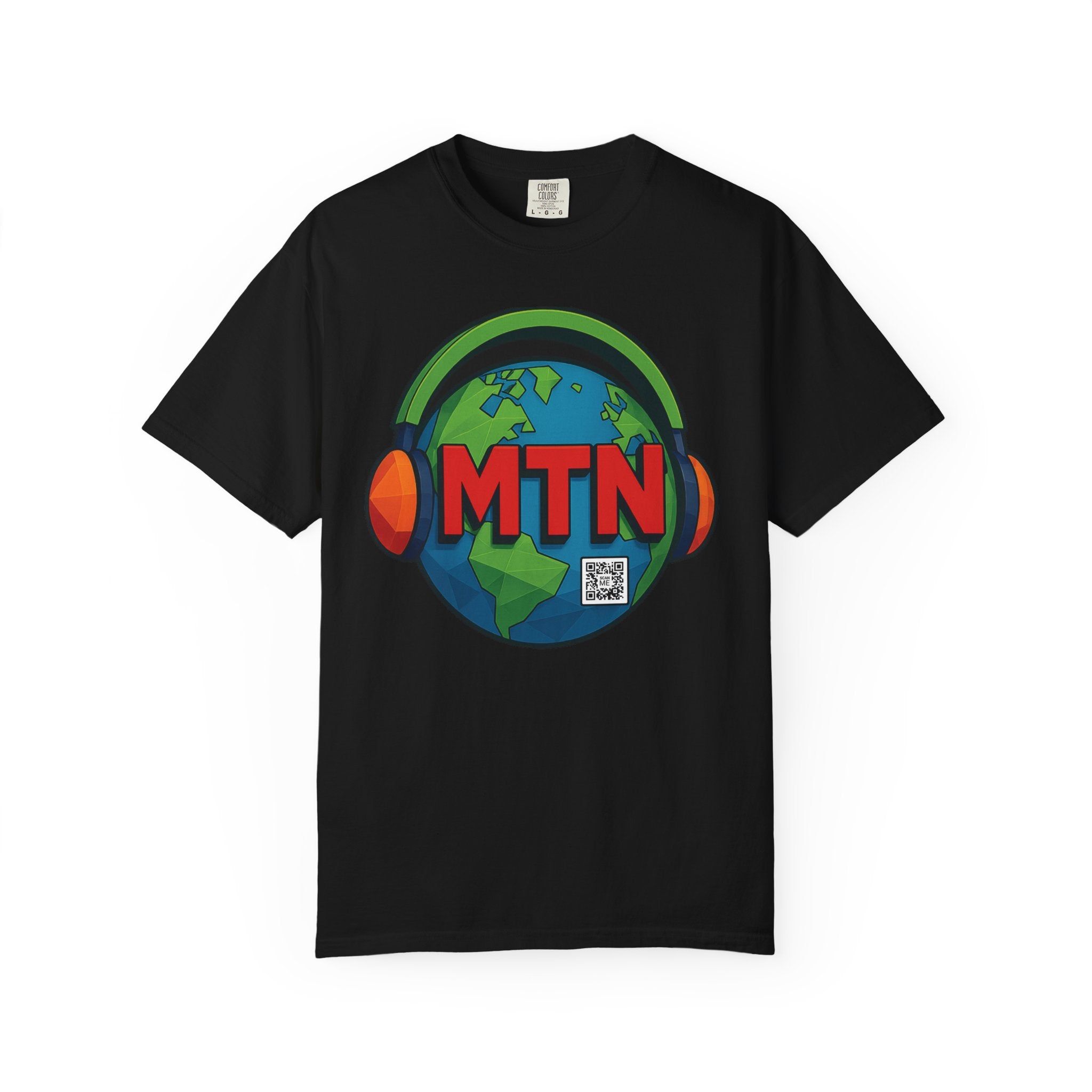 Black t-shirt with colorful 'MTN' logo featuring a globe and headphones on a white background with QR code to website.