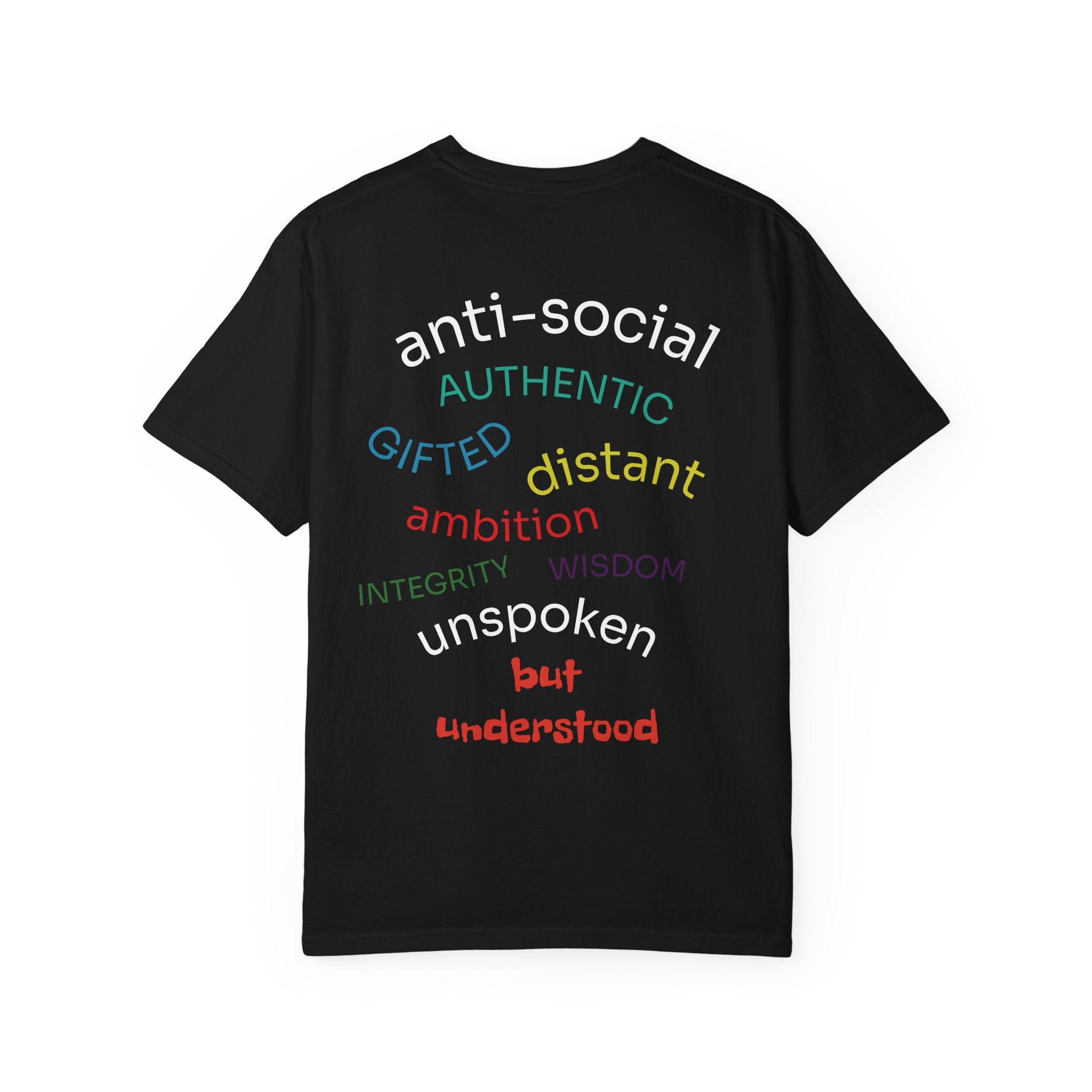 Black MUTE the NOISE t-shirt with motivational phrases in various colors on a white background