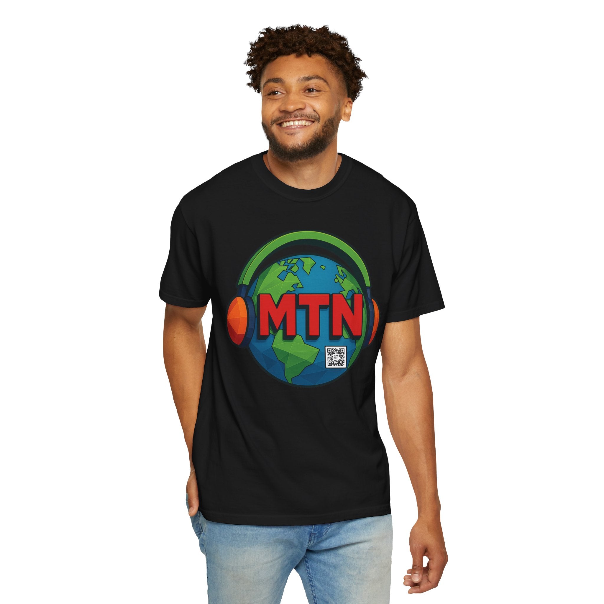 Model wearing a black t-shirt with a colorful logo and 'MTN' text on a white background
