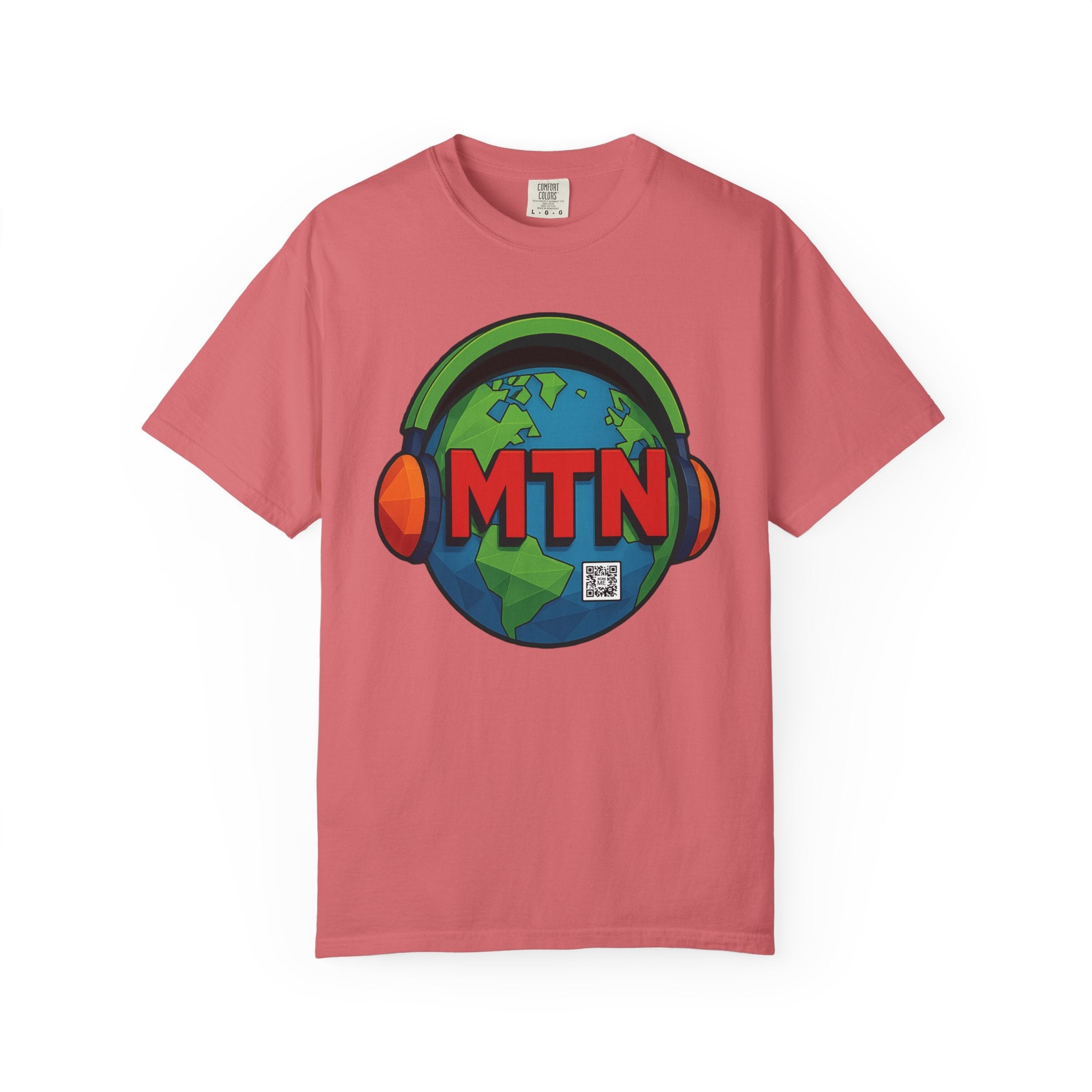 Watermelon t-shirt with a graphic design of a globe with headphones and 'MTN' text on a white background