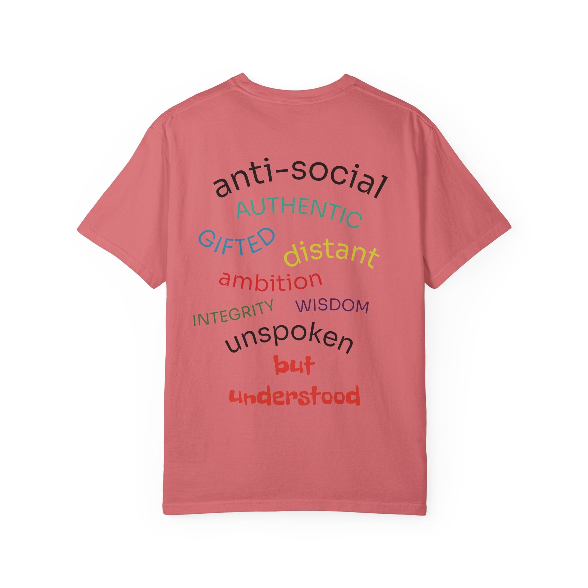Watermelon t-shirt with motivational phrases on the back against a white background