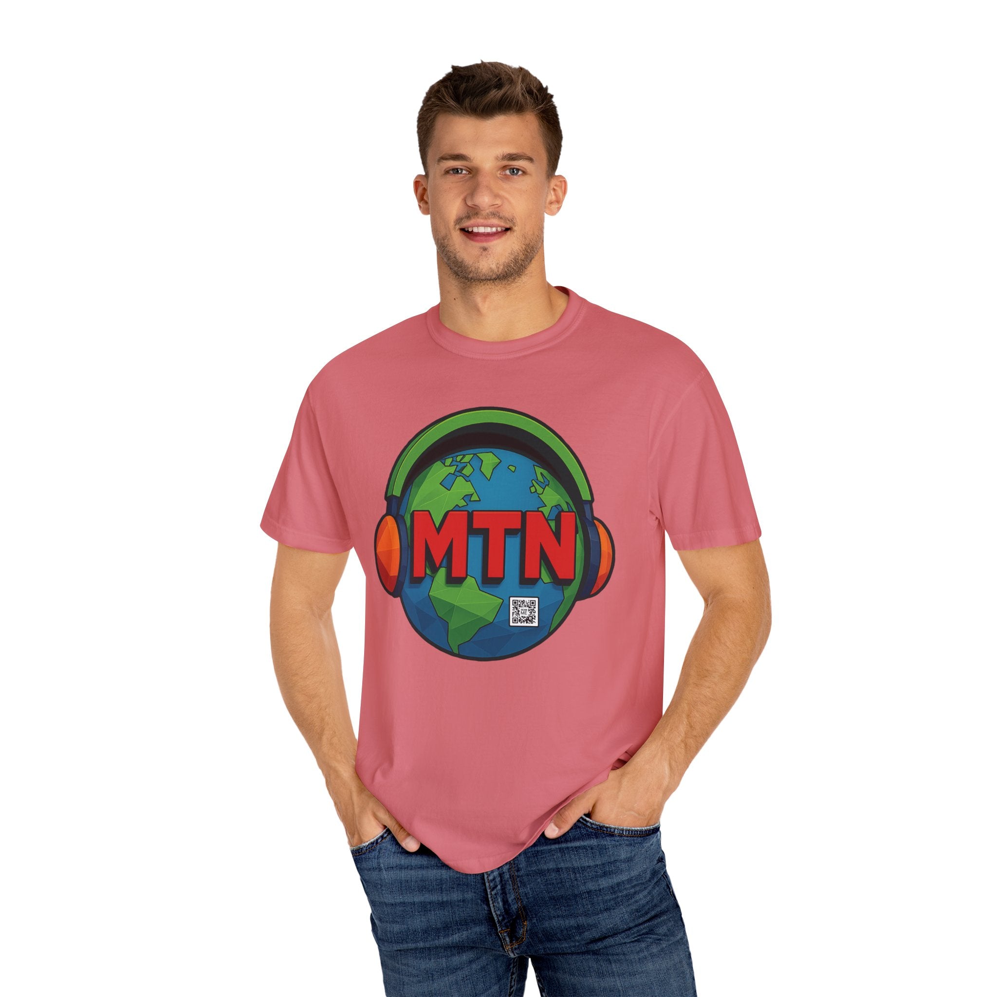 Model wearing a watermelon t-shirt with a graphic design and 'MTN' text on a white background
