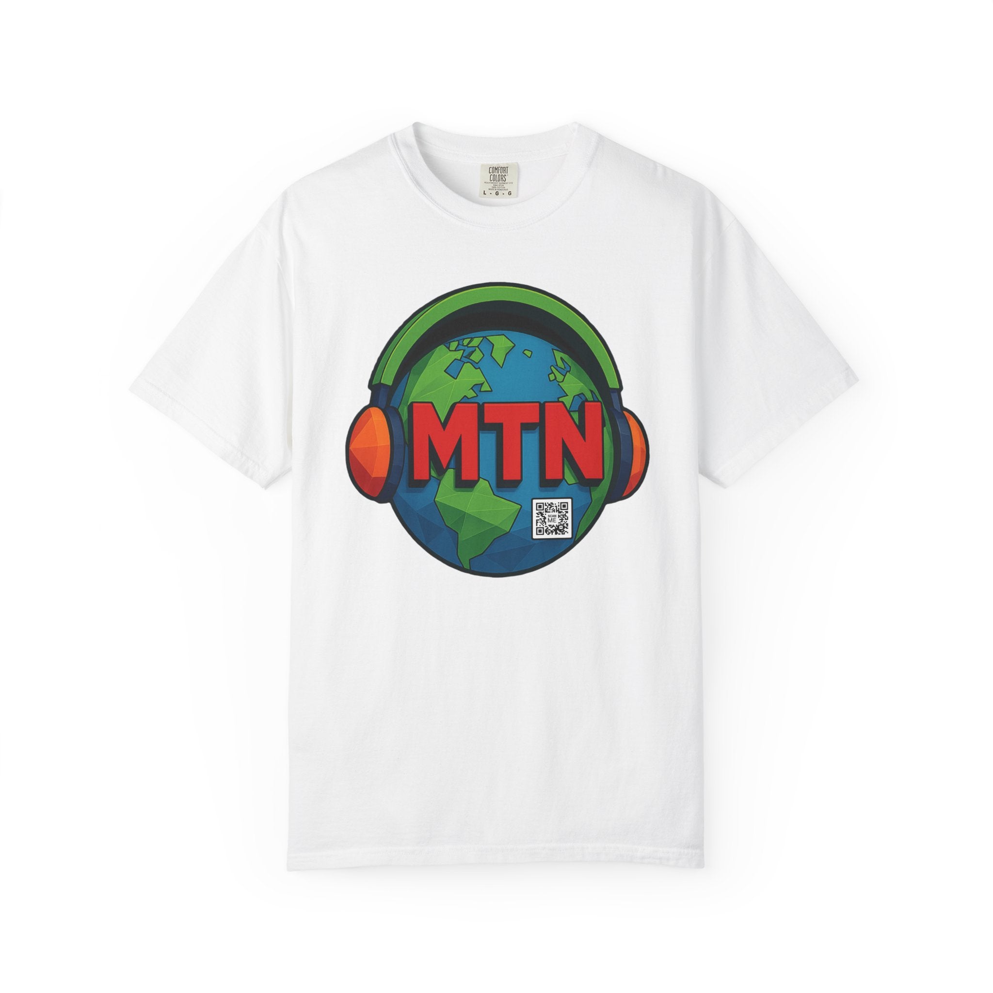 White t-shirt with MTN logo featuring a globe and headphones on a white background