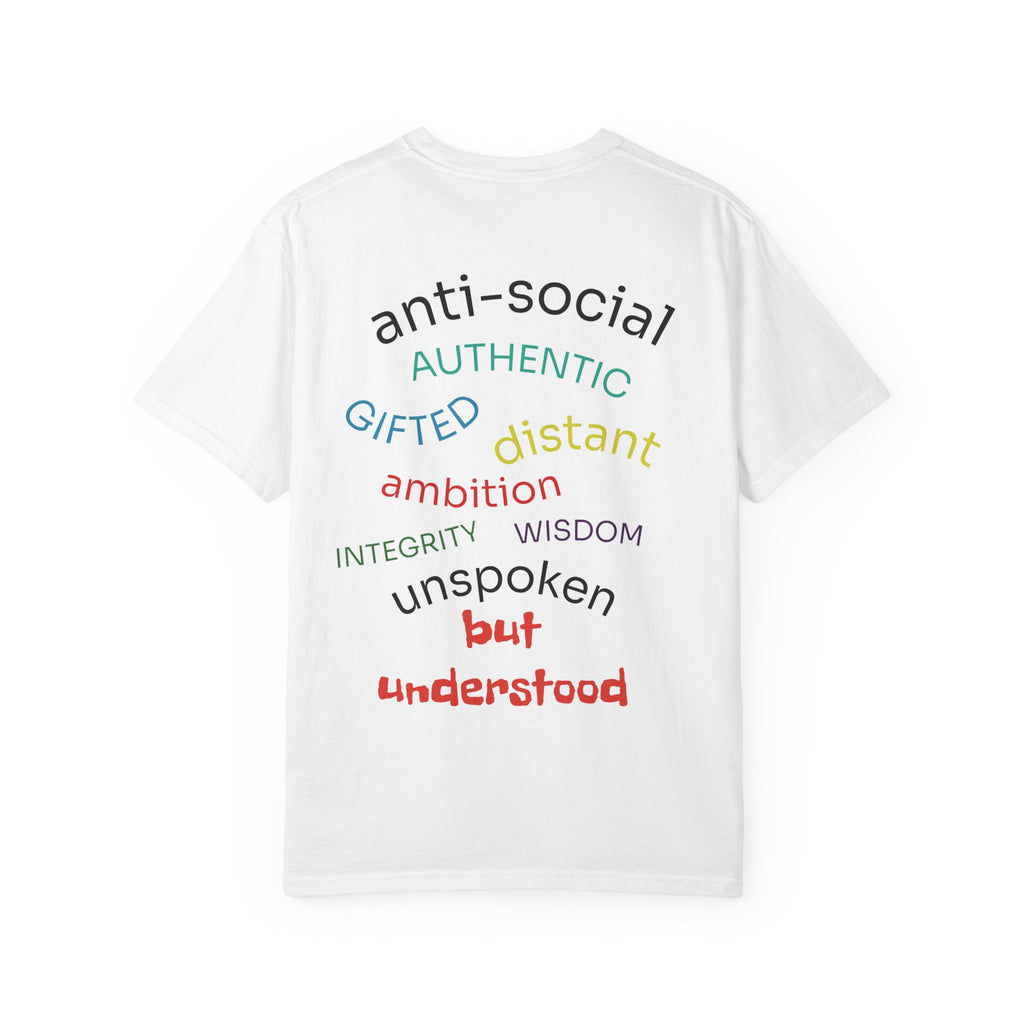 White MUTE the NOISE t-shirt with motivational phrases in different colors on a white background