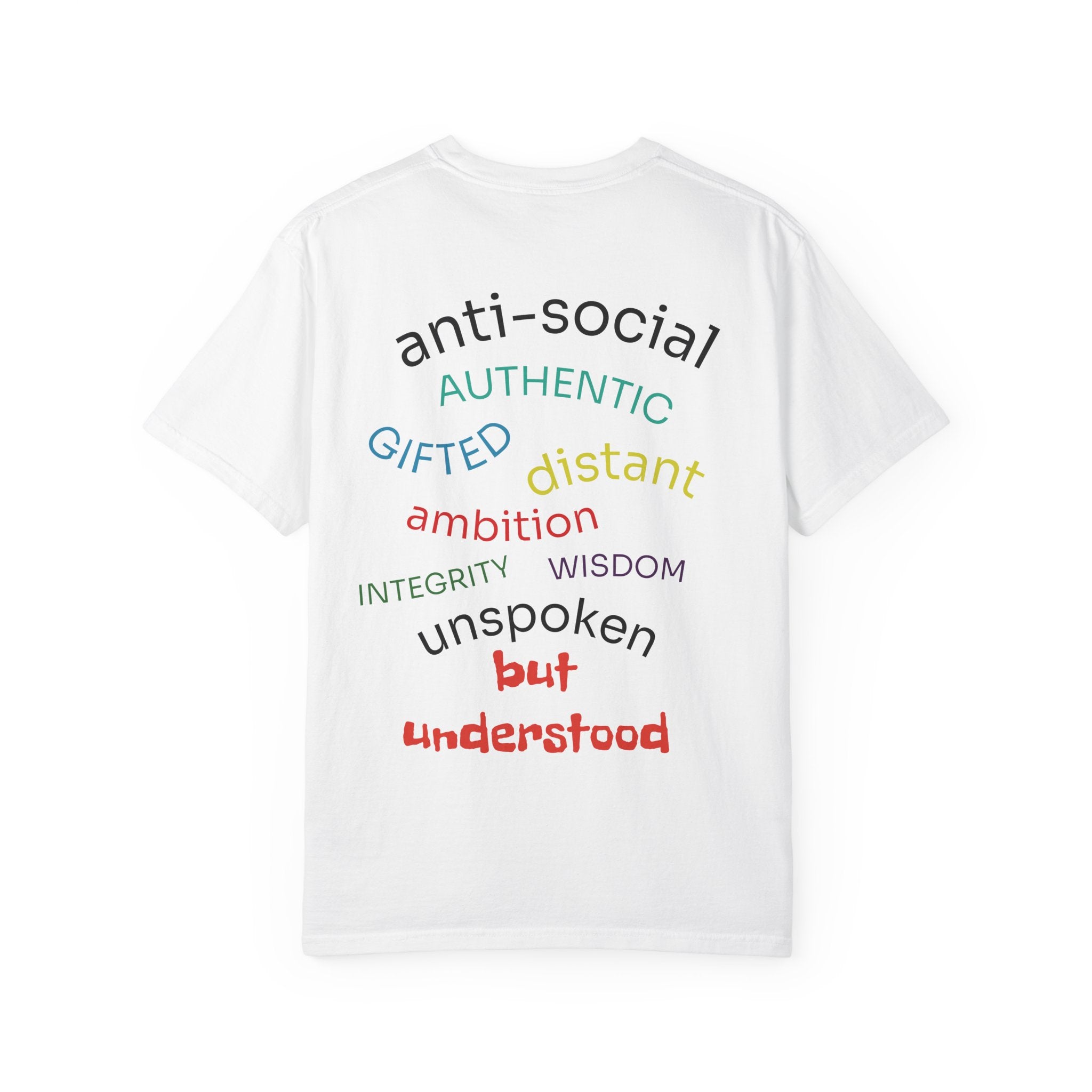 White MUTE the NOISE t-shirt with motivational phrases in different colors on a white background